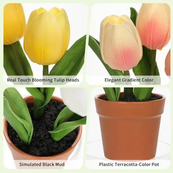 Artificial Tulip Arrangement with Terracotta-Like Plastic Pot 8 Inch Small Tulip Centerpieces Fake Potted Flowers for Shelf Table Centerpiece Wedding Home Decor {3}