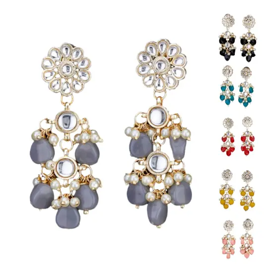 Indian Jhumka Earrings for Women - Large Floral Kundan Faux Pearls Drop Chanbali Earrings Indian Jhumki Ethnic Beaded Bollywood Style Dangle Earrings Jewelry for Bride Birthday Gift for Her GREY {1}