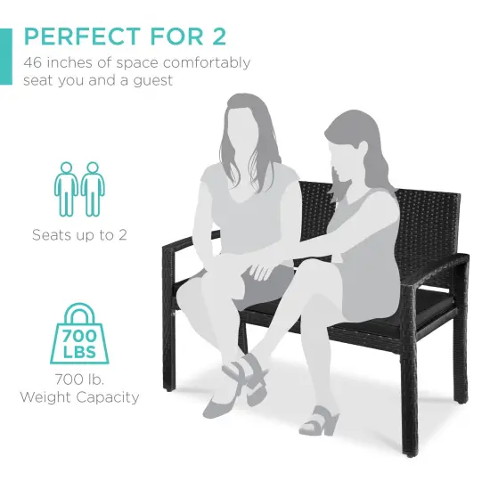 Best Choice Products 2-Person Outdoor Wicker Bench Garden Patio Porch Furniture w/ 700lb Capacity, Cushion Black/Black {6}