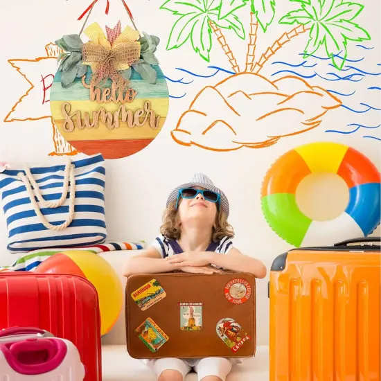 Summer Wooden Hanging Sign Welcome Sign Front Door Rustic Gradient Color Wood Sign Door Hanger Holiday Farmhouse Home Office Shop Window {4}