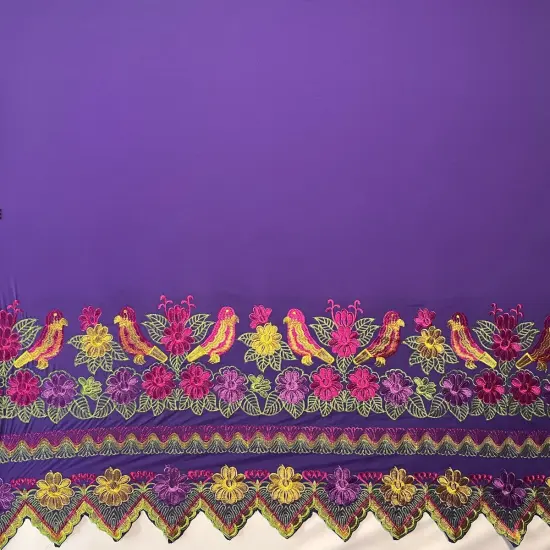 1 Yard Floral Bird Embroidered Double Border Polyester Fabric 56 Inch Width Blck/ Frnch Fuchsia {6}