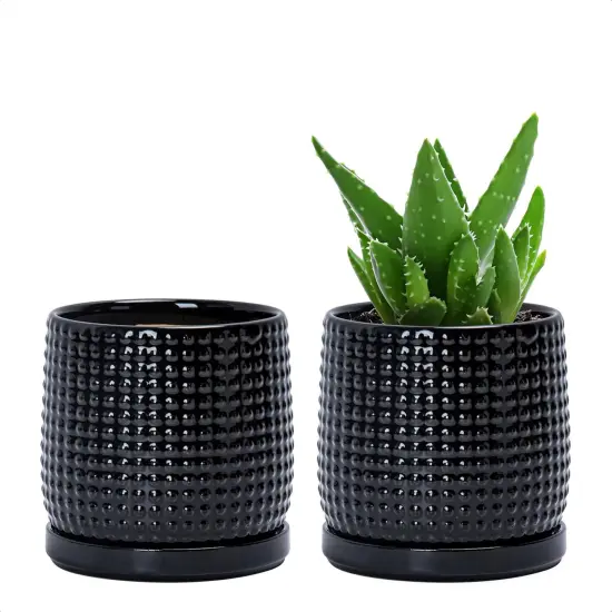 Set of 2 Ceramic 4 Inch Ceramic Beaded Stoneware Pots (Glossy Black) {1}