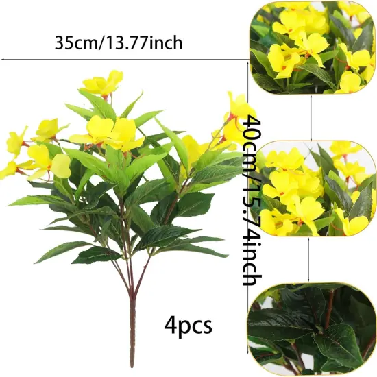 4 Pcs Summer Potted Plants, Artificial Flowers Outdoor Impatiens UV Resistant Silk Impatiens Flowers Yellow Faux Flowers Impatiens Bushes Artificial Impatiens for Pot Patio Lawn Garden Hanging Basket Porch Decor {2}