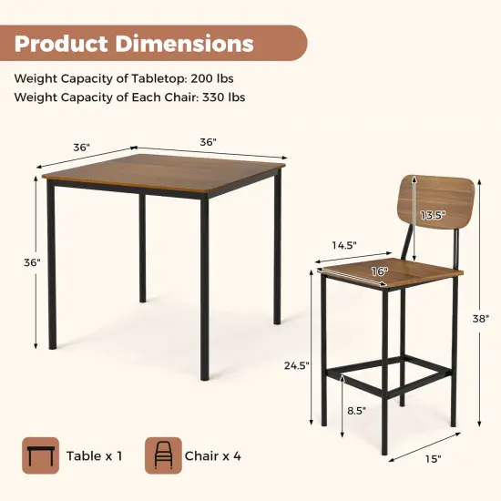 Costway 5-Piece Industrial Dining Table Set with Counter Height Table & 4 Bar Stools Black/Grey/Walnut {3}