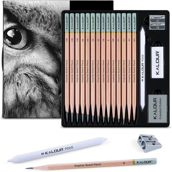 18-Piece Professional Sketch Pencil Set - Includes 5H to 14B Pencils,Graphite, Vinyl Eraser, Kneaded Eraser,Sharpener and Paper Blending Stump - Ideal for Artists and Beginners {1}