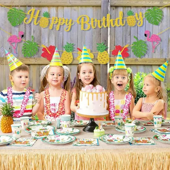 Hawaiian Happy Birthday Banner, Glitter Luau Birthday Party Decorations with Flamingo Pineapple Palm Leaves Flower Garland Hawaiian Banner Aloha Summer Themed Party Decorations for Birthday Decor {2}