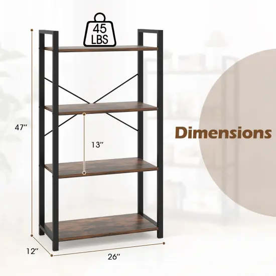 Rustic Brown 4-Tier Bookshelf with Heavy Duty Metal Frame Perfect for Any Room {5}
