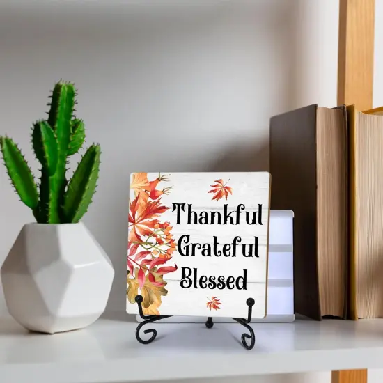 Fall Thankful Grateful Blessed Sign Tabletop Decor With Stand {3}