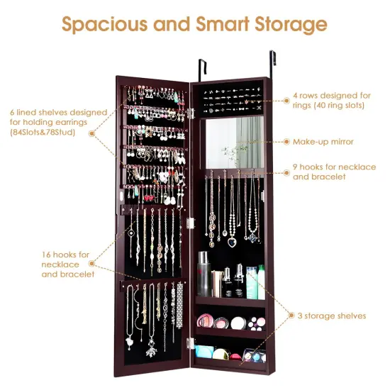 Costway Wall Door Mounted Mirrored Jewelry Cabinet Storage Organizer-Black/Brown/White {6}