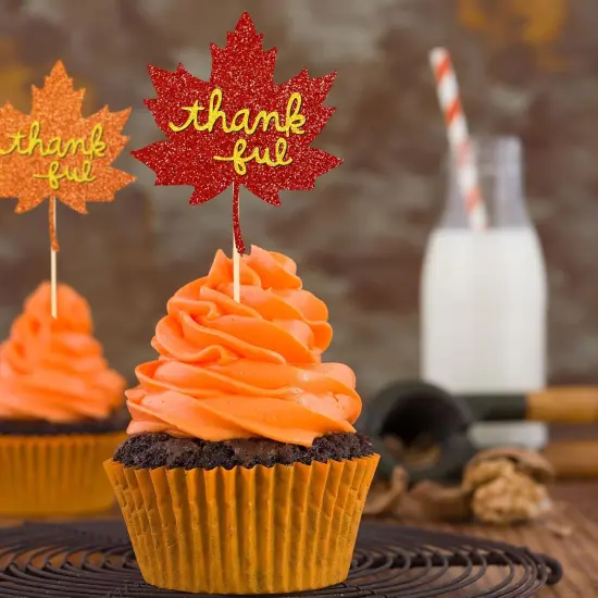 36Pcs Glitter Fall Cupcake Topper Maple Leaf {5}