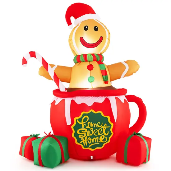 7 Feet Inflatable Gingerbread Man Hot Cocoa Mug with Built-in LED Lights and Gift Boxes {1}