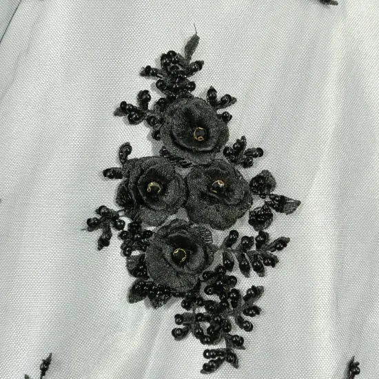 1 Yard Beaded & Rhinestone 3D Floral Embroidered Lace Fabric, Black Polyester Mesh, 54&rdquo; Wide Silver {3}