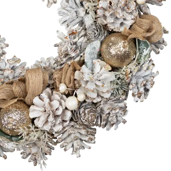 Northlight Glittered Pine with Burlap Bows Artificial Christmas Wreath - 14" - Unlit Beige {4}