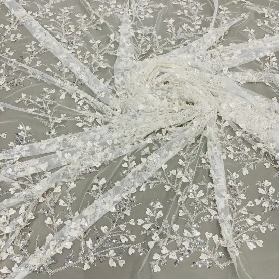 1 Yard Ivory Silver Beaded 3D Floral Lace Fabric, Embroidered Polyester Mesh, 54" Wide Ivory with Silver {1}