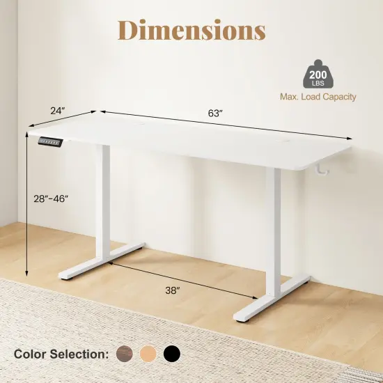 White Electric Standing Desk with 3 Memory Heights and 2 Hanging Hooks and Cable Holes {5}