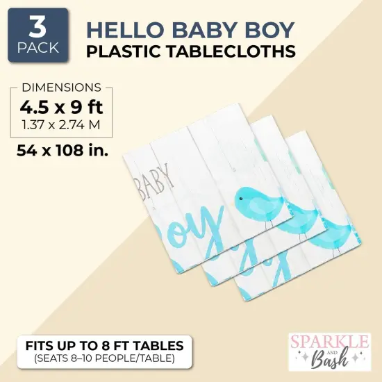 3 Pack Hello Baby Boy Plastic Table Covers for Baby Shower Decorations for Boys, Rustic Brid Design (Blue, 54 x 108 In) {2}