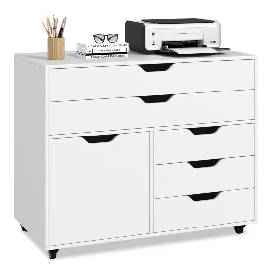 Modern Vertical 5-Drawer Mobile Chest with Door 5 Casters-White {4}