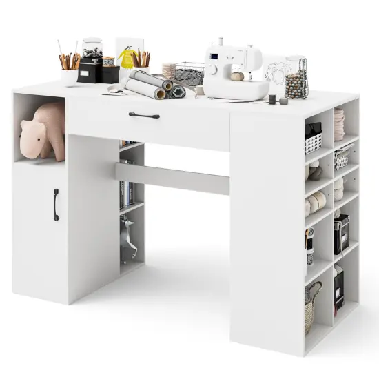 White Counter Height Sewing Craft Table, Computer Desk with Adjustable Shelves and Drawer {4}