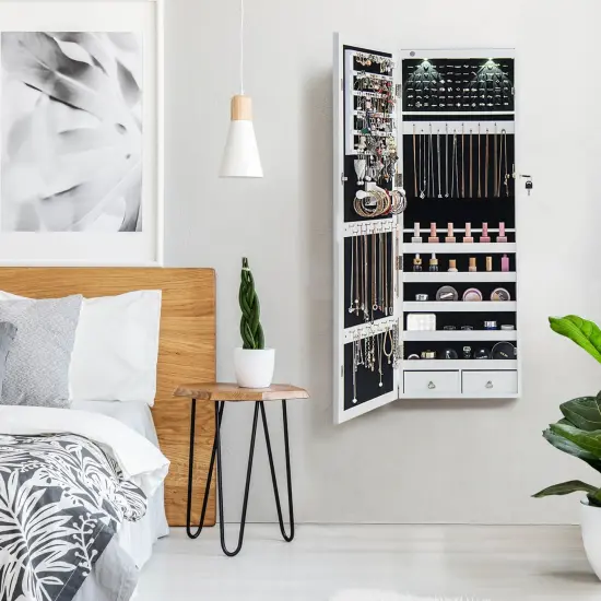 Costway Mirror Jewelry Cabinet with Full Length Clear Mirror & Internal LED Lights Hooks {5}