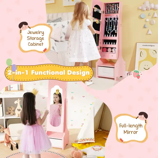 Costway Kids Jewelry Cabinet with Full-Length Mirror Drawer 2 Adjustable Tilt Angles White/Pink {5}