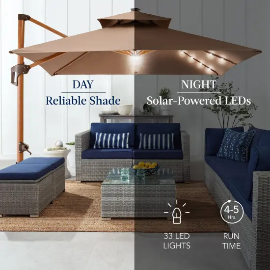 Best Choice Products 10ft Square Woodgrain Pattern 2-Tier Outdoor Solar LED Cantilever Umbrella w/ Base Tan {5}