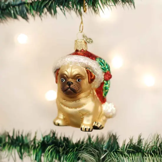 Old World Christmas 3.5 Inch Holly Hat Pug Tree Ornament , Faithful Companion Dog Brown {3}