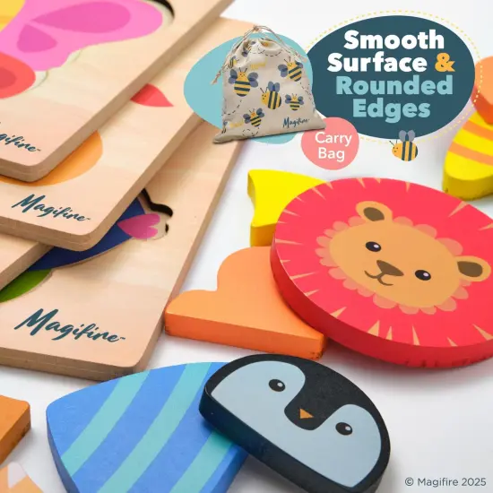Magifire Wooden Puzzles, Set of 4 Montessori Style Toys for 1 Year Old, Toys for Toddlers 1-3, Baby Wood Toys with Chunky Pieces with Bag - Butterfly, Lion, Fish, Penguin, 6x6 inches {5}