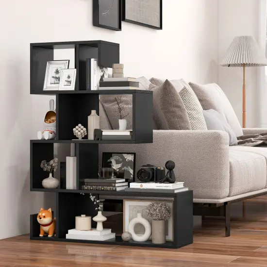 Black 5-Tier S-Shaped Bookshelf Geometric Z-Shelf Bookcase with Open Cubes {6}