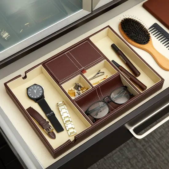 Leather Valet Catchall Tray for Men with 6 Compartments - Bedside Nightstand Organizer for Phones (Brown) {2}