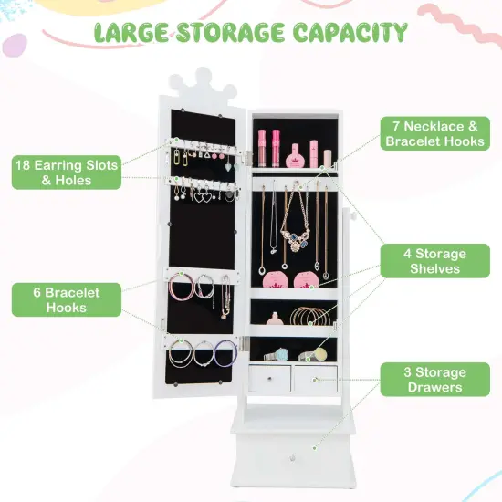 Costway Kid Freestanding Jewelry Armoire 2-in-1 Full Length Mirror Storage Drawer Pink/White {5}