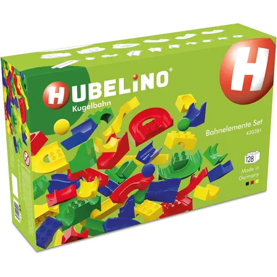 Hubelino 128 Piece Marble Run Toy - Compatible with Building Blocks - STEM Toy for Kids Ages 4+, Made in Germany, 124 Run Elements & 4 Marbles Multicolor {1}