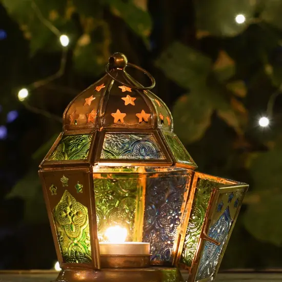 In the Breeze 9209 — Blue & Green Hex Tealight Lantern — Moroccan-Style Boho Chic Tealight Glass and Metal Tabletop Lantern {3}