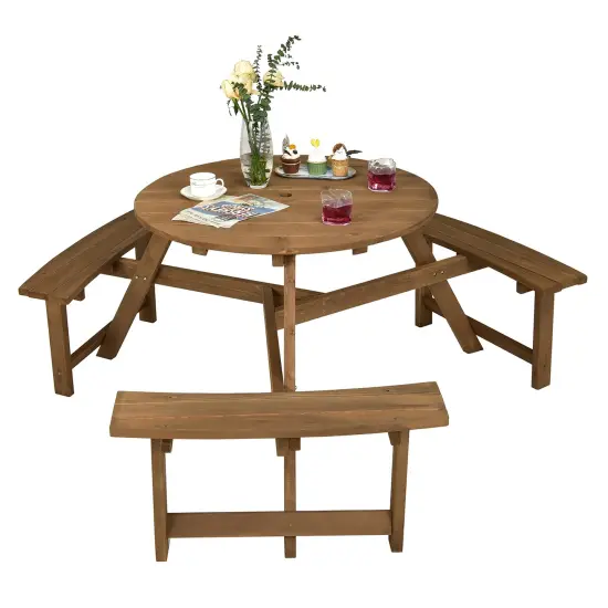 Costway 6-person Round Wooden Picnic Table Outdoor Table w/ Umbrella Hole & Benches {1}