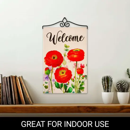 G128 Combo Pack Garden Flag Hanger 14IN & Garden Flag Spring Welcome Red Orange Flowers Printed 12x18IN Double Sided Yard Garden Lawn Decoration {5}