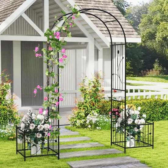 2 in 1 Garden Arbor with 2 Side Planters and 8 Ground Stakes-Black {2}