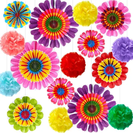 21 Pcs Summer Flower Hanging Paper Fans Flower Paper Fans Classroom Decorations Summer Tissue Pom Poms {1}