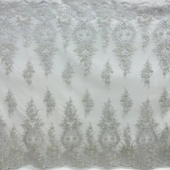 1 Yard White Beaded & Corded Bridal Lace Fabric, Embroidered Polyester Net Mesh, 54" Wide Silver {1}