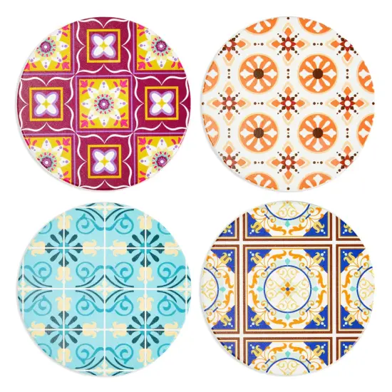 Set of 8 Ceramic Coasters for Drinks with Cork Base and Iron Holder, Mediterranean Tile Designs (4 Inches) Multicolor {7}