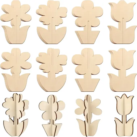 DIY 3D Flower Spring Wood Crafts to Paint for Kids Adults, Paintable Unfinished Wooden Slices for Craft, Flowers Cutouts Ornaments for Painting Decorations (24 PCS) {1}