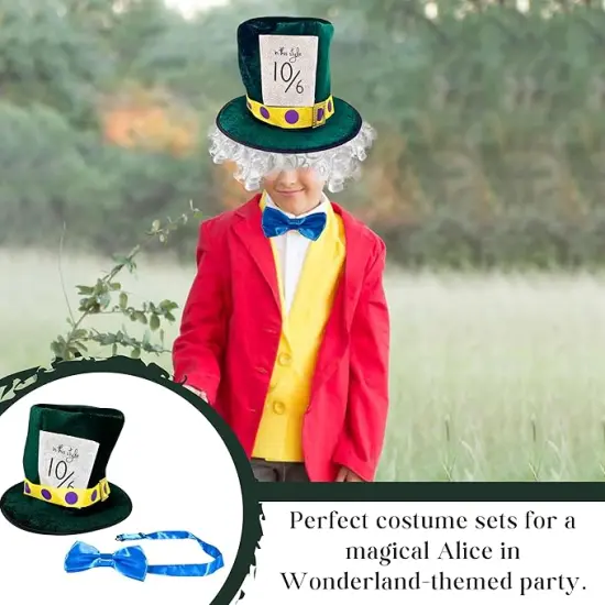 4E's Novelty Mad Hatter Costume Accessory Set for Adults - Green Top Hat with Wig & Blue Bowtie - Alice in Wonderland Tea Party, Halloween, Cosplay, White Rabbit & Fairytale Dress Up {3}