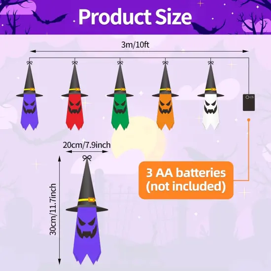 10ft String of 5 Lighted Hanging Ghost with Witch Hats {2}