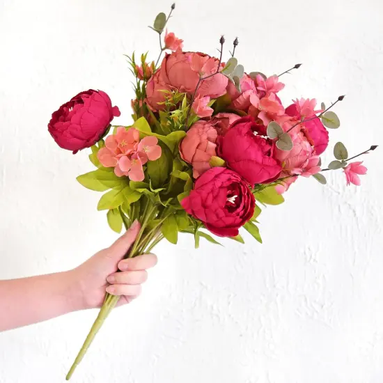 2 Artificial Peonies Silk Flowers and Hydrangeas - Country Barn Red {4}