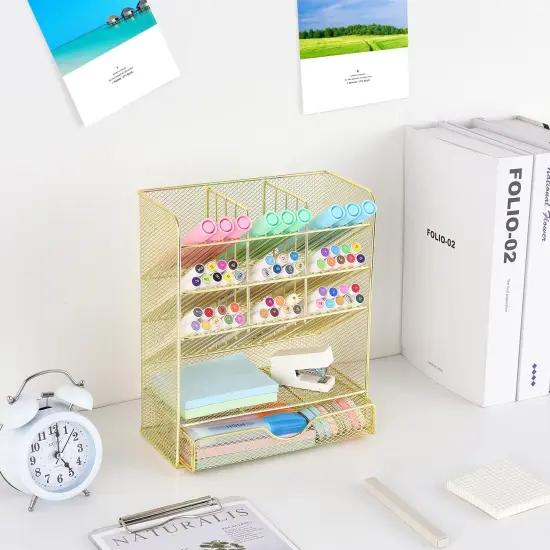 Spacrea Mesh Pen Organizer - Pencil Holder for Desk, Desk Organizer with Drawer for School, Home, Art Supplies (Gold) {3}