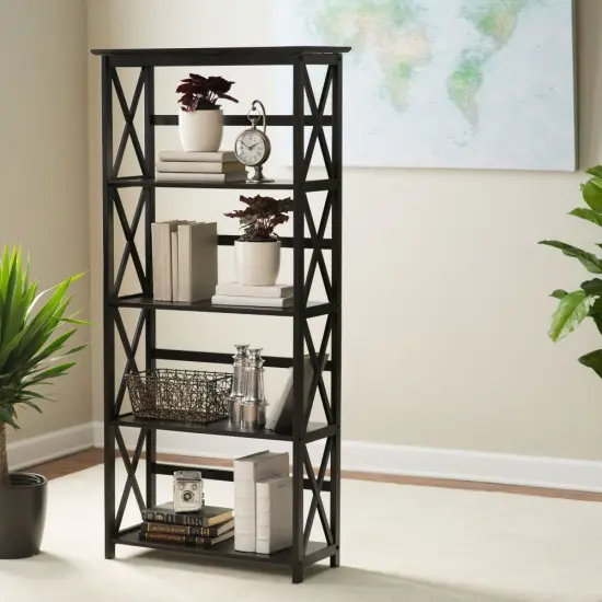 Black Solid Wood 5-Tier Tall Bookcase with 5 Adjustable Shelves Perfect for Bedroom or Office {3}