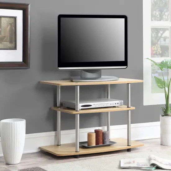 Modern TV Stand with Stainless Steel Poles and Light Oak Finish {1}