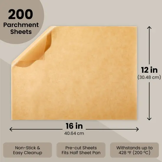 200-Pack Precut Parchment Paper Sheets 12 x 16 inches, Unbleached Brown Nonstick Liners for Half Sheet Pan for Baking, Cooking, Grilling, Air Fryer, Steaming, and Wrapping Food, Heavy Duty {4}