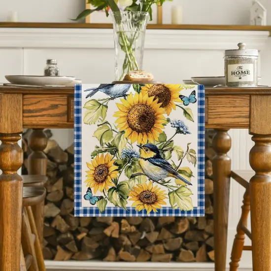 Buffalo Plaid Bird Butterfly Sunflower Spring Table Runner, 13x72 Inch {2}