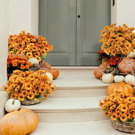 7 Bundles Artificial Fall Mum Flowers (Orange) {5}