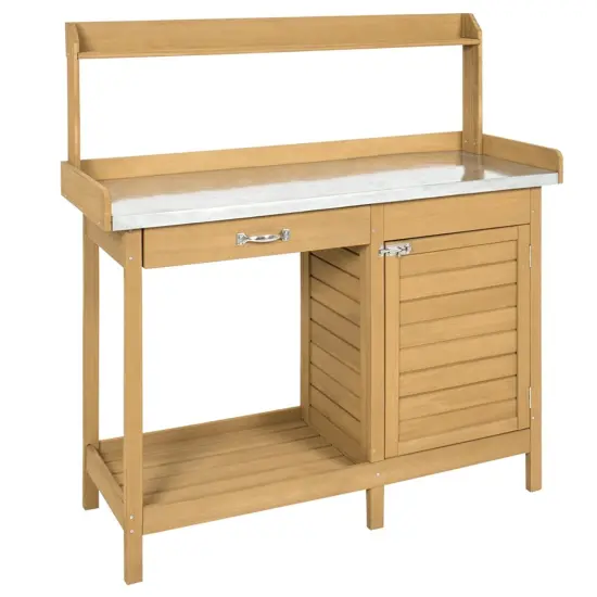 Natural Fir Wood Potting Bench with Metal Top, Storage, Shelves and Hooks {1}