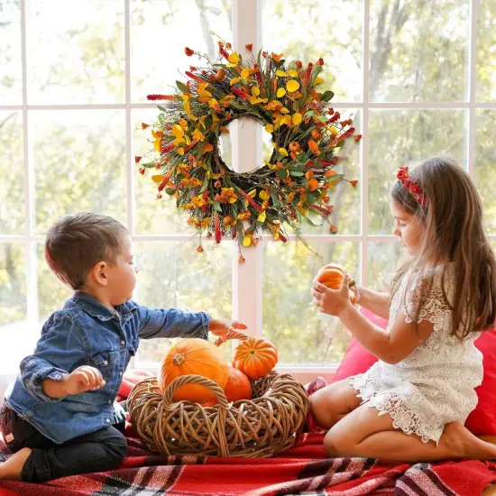 24 Inch Orange Autumn Fall Wreath with Little Pumpkins {3}